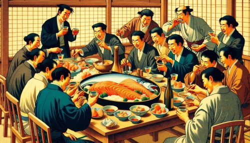 サーモンを食べまくるパーティー開催中の人々