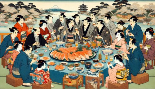 サーモンを食べまくるパーティー開催中の人々