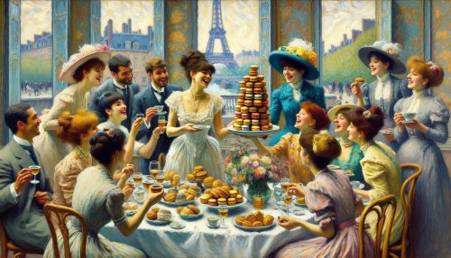 Copilot作：マカロンパーティを愉しむ上流階級の人々
