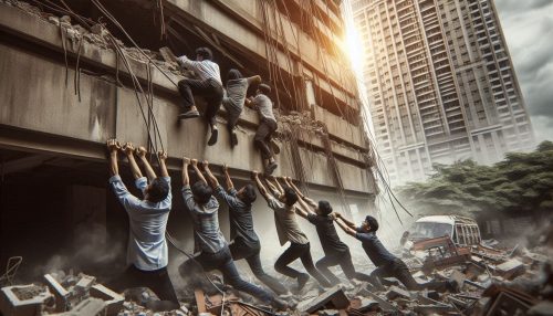 Copilot作：倒壊しそうな建物を、必死に倒れないよう支えている人々