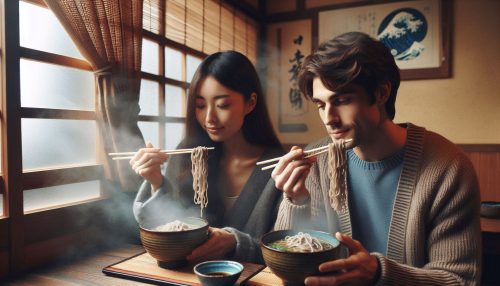 Copilot作：蕎麦をすする大人の男女