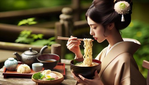 Copilot作：アツアツのうどんをすする女性