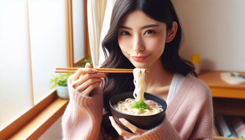 Copilot作：アツアツのうどんをすする女性