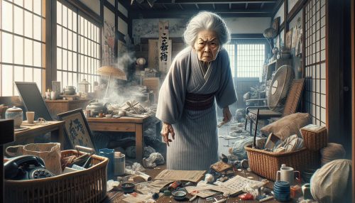 Copilot作：散らかった部屋を見て、お怒りになる老婆