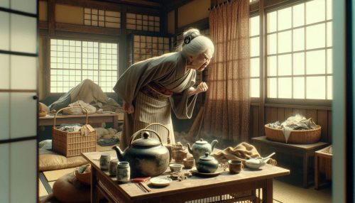 Copilot作：散らかった部屋を見て、お怒りになる老婆