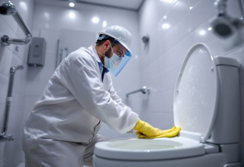 Gamma作：ピカピカにトイレの清掃を行うベテラン清掃員