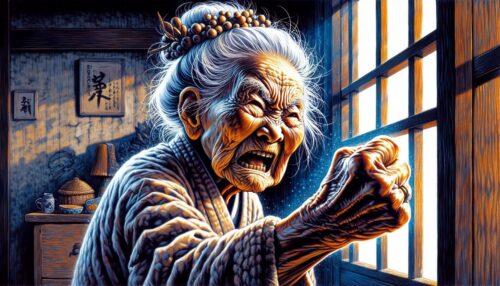 Designer作：清潔に保っていない家の中を見て激怒する老婆