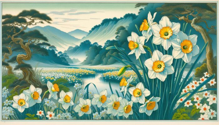 Designer作：水仙の花が咲く様子を浮世絵風に