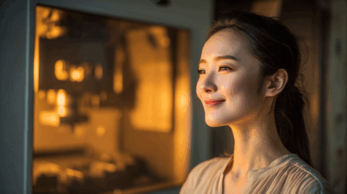 いい笑顔で金型づくりの様子をハイビジョンテレビで見ているお嬢様