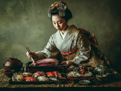 Midjourney作：オペラを歌いながら鰹節からダシをとり和食を作るお嬢様