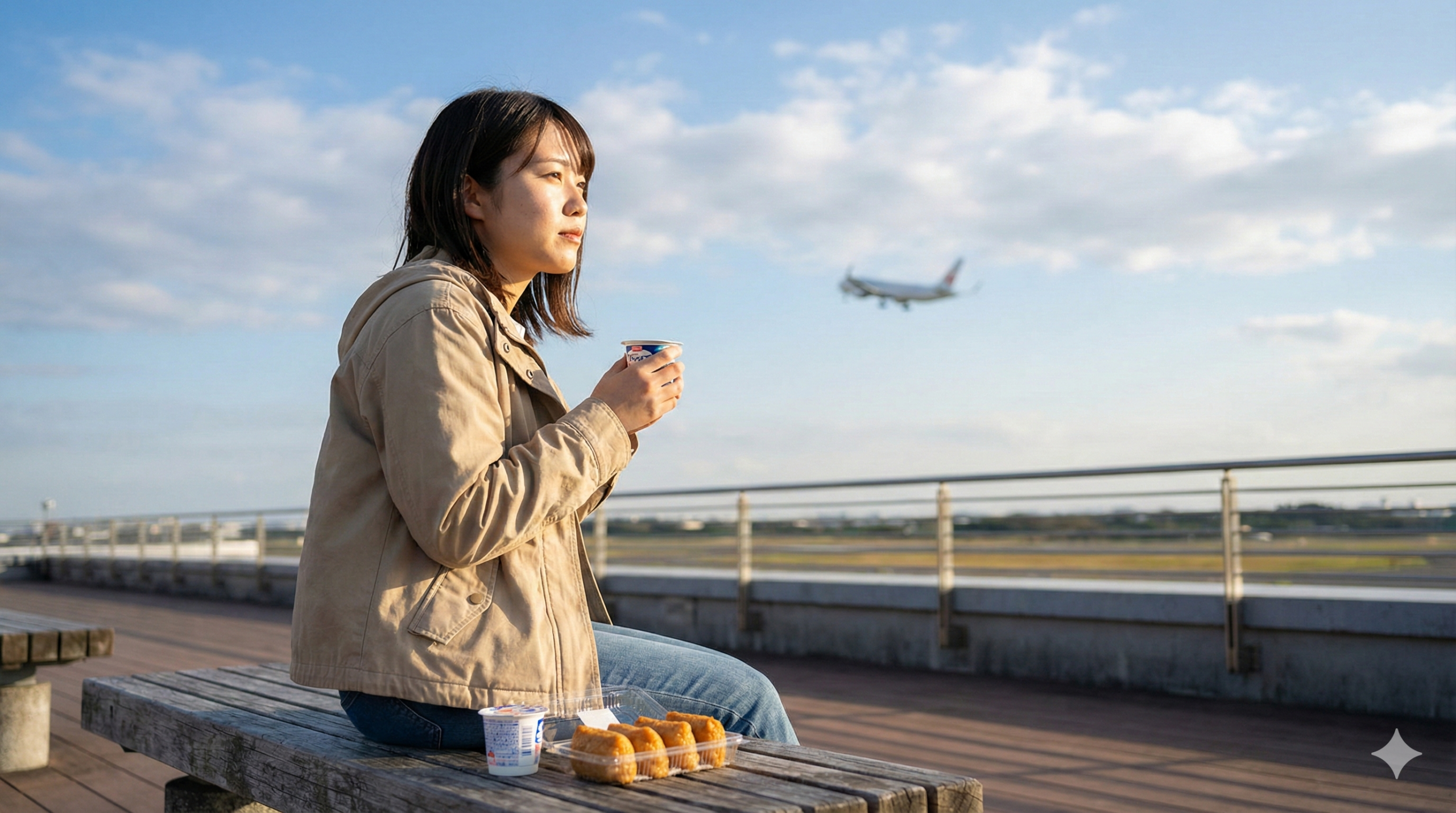 Gemini作：いなりヨーグルトネキ、飛行機を眺める