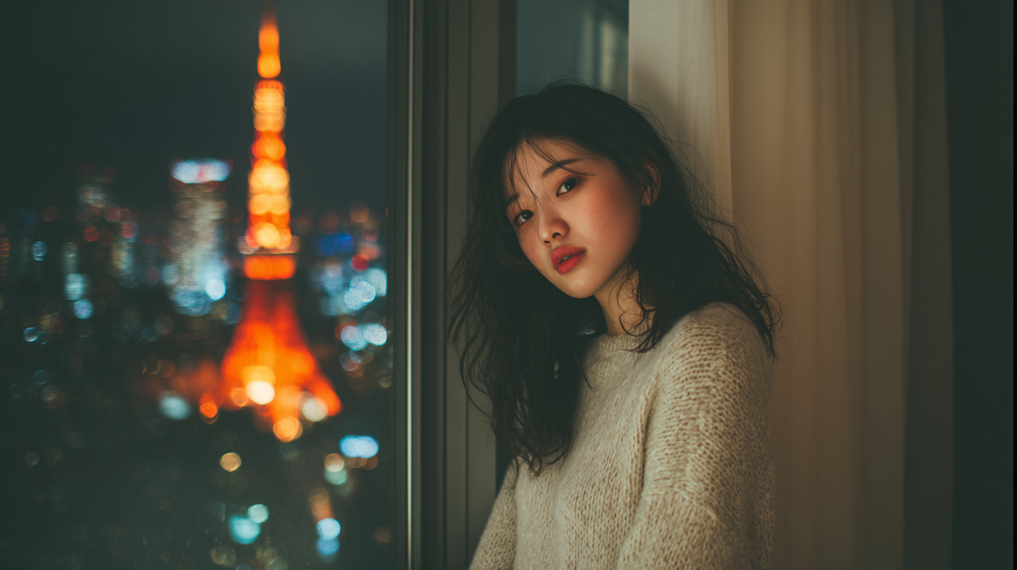Midjourney作：東京タワーを眺める不眠のお嬢様